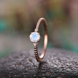 Anillo de compromiso vintage con piedra lunar, anillo redondo de oro rosa con diamantes, anillo de boda único con cuentas delicadas, anillo de aniversario nupcial delicado