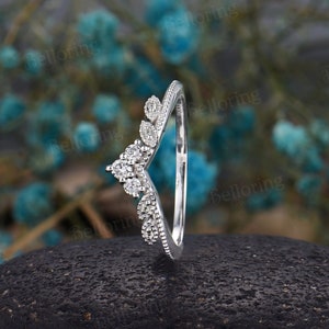 Diamond curved wedding band vintage art deco leaf chevron stacking ring unique diamond wedding ring unique anniversary matching band