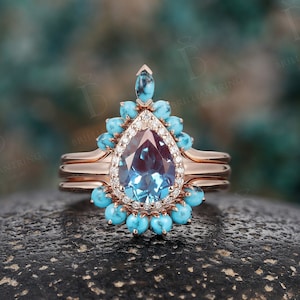 Vintage pear shaped Alexandrite engagement ring set rose gold art deco diamond halo rings turquoise wedding ring anniversary bridal set