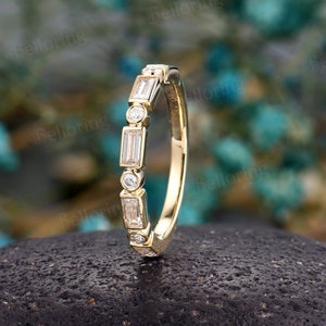 Baguette Moissanite Diamond Wedding Band,14K Yellow Gold Ring,Art Deco Stacking Band,Dainty Half Eternity Matching Band,Promise Wedding Ring