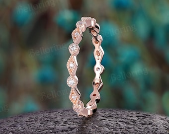 Vintage Round Moissanite Wedding Band,Rose Gold Eternity Milgrain Stackable Bridal Promise Ring
