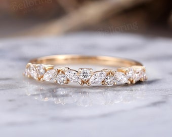 Marquise moissanite diamond wedding band vintage yellow gold ring stacking band antique unique cluster matching bands anniversary ring