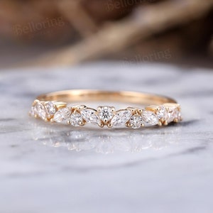 Marquise moissanite diamond wedding band vintage yellow gold ring stacking band antique unique cluster matching bands anniversary ring image 1