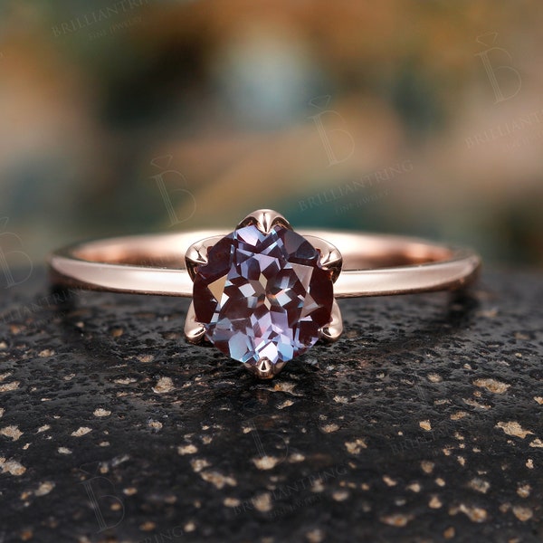 Vintage alexandrite engagement ring unique rose gold art deco moissanite rings simple prong set wedding ring anniversary promise ring