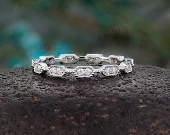 Vintage Diamond Moissanite Wedding Band 14K White Gold Dainty Milgrain Ring Antique Full Eternity Matching Band Anniversary Stacking Band