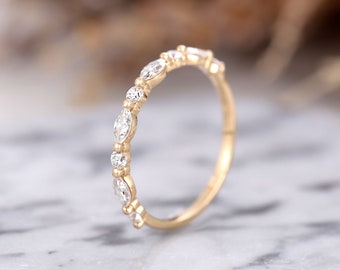 Yellow Gold Moissanite wedding band Art deco stacking band marquise moissanite half eternity matching band Diamond unique anniversary ring