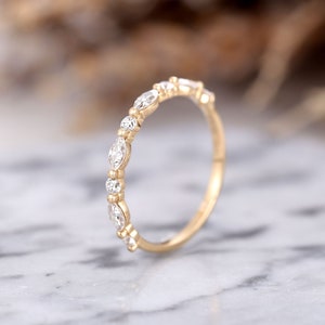 Yellow Gold Moissanite wedding band Art deco stacking band marquise moissanite half eternity matching band Diamond unique anniversary ring