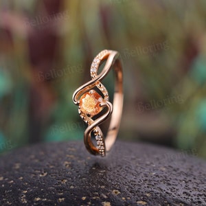 Round sunstone engagement ring vintage rose gold diamond rings antique art deco twisted ring prong set unique anniversary wedding ring