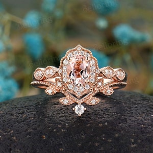 Vintage Oval Morganite engagement ring set rose gold diamond halo rings art deco leaf moissanite wedding ring anniversary bridal set