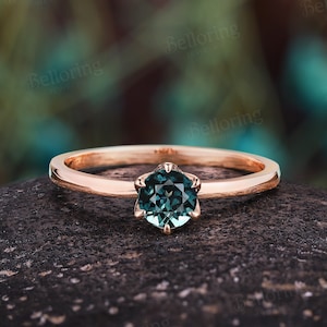 Vintage teal sapphire engagement ring rose gold blue green sapphire ring art deco diamond ring unique round  promise anniversary ring