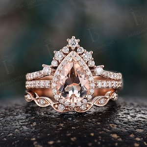 Unique Morganite Engagement Ring Set,Art Deco Pear Shape Rose Gold Ring,Vintage Diamond Moissanite Halo Bridal Set,Stacking Promise Ring