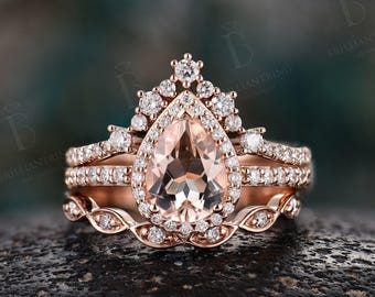 Unique Morganite Engagement Ring Set,Art Deco Pear Shape Rose Gold Ring,Vintage Diamond Moissanite Halo Bridal Set,Stacking Promise Ring