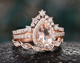 Pear shape Morganite engagement ring set vintage art deco diamond moissanite bridal set rose gold halo ring unique stacking wedding rings