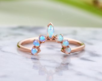 Marquise round opal curved wedding band vintage rose gold stacking rings antique chevron matching band unique birthstone anniversary ring