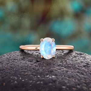 Minimalist Oval Moonstone Engagement Ring Rose Gold Solitaire Ring Vintage Simple Wedding Season Ring Anniversary Promise Bridal Ring