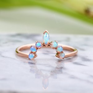 Marquise round opal curved wedding band vintage rose gold stacking rings antique chevron matching band unique birthstone anniversary ring