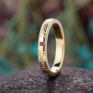 Vintage princess natural ruby wedding band ruby engagement band straight wedding band simple art deco yellow gold band Promise ring