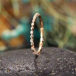 Vintage Diamond Wedding Band - 14K Rose Gold Half Eternity Ring,Stacking Promise Anniversary Ring