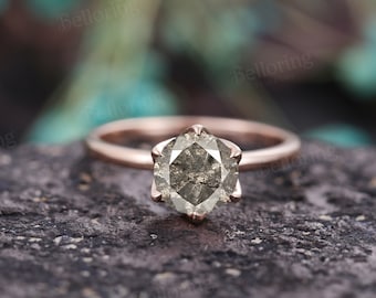 Bague de fiançailles antique en moissanite sel et poivre, bague solitaire en or rose, bague de promesse d'anniversaire personnalisée vintage avec diamants ronds