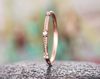 Rose gold diamond wedding band vintage art deco half eternity band antique dainty stacking matching rings unique milgrain anniversary ring