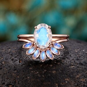 Vintage Oval Moonstone Engagement Ring Set,14K Rose Gold Marquise Moonstone Curved Wedding Band,Unique Promise Anniversary Bridal Set