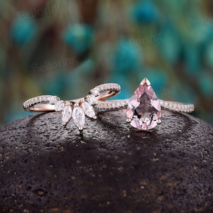 Pear shaped morganite engagement ring set marquise moissanite diamond curved band vintage rose gold rings unique anniversary bridal set