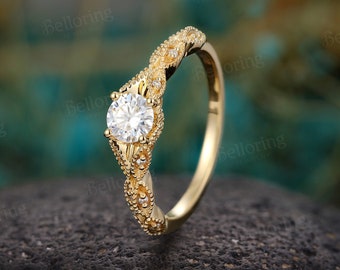 Vintage round moissanite engagement ring art deco diamond milgrain rings yellow gold half eternity ring Unique promise anniversary ring