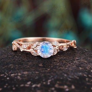 Vintage round moonstone engagement ring diamond ring leaf engagement ring rose gold art deco unique ring antique promise anniversary ring