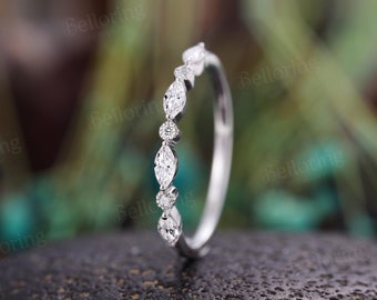 Vintage Moissanite trouwring witgoud halve eeuwigheid band sierlijke marquise diamanten ring milgrain stapelbanden beloven bijpassende band