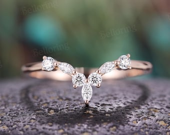 Marquise Moissanite Curved Wedding Band,14K Rose Gold Chevron Ring,Vintage Diamond Ring,Antique Stacking Ring,Promise Ring Gift For Her