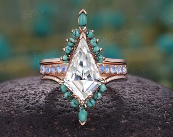 Vintage Kite Shape Moissanite Engagement Ring Set,Half Eternity Bridal Set,Art Deco Moonstone Ring,Unique Turquoise Band,Anniversary Ring