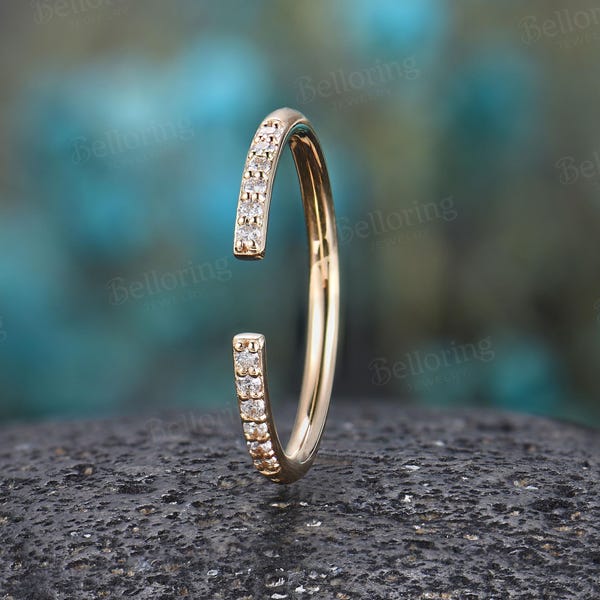 Unique Diamond Open Wedding Band,Vintage Solid Gold Wedding Ring,Minimalist Matching Stacking Bridal Band,Anniversary Promise Ring For Women