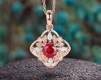 Nature Inspired Ruby Pendant Necklace - 14K Rose Gold Leaf Necklace | Antique Marquise Moissanite Pendant | Mama&#39;s Necklace gift for her