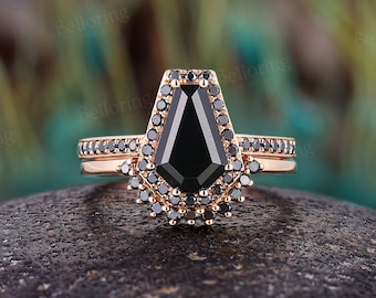 Vintage coffin Black onyx engagement ring set black diamond halo rings curved stacking wedding band rose gold art deco anniversary set