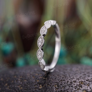 Vintage Moissanite Wedding Band - 14K White Gold Marquise Milgrain Band | Antique Half Eternity Stackable Matching Band Promise Wedding Ring