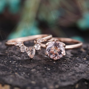 Morganite engagement ring set pear shaped curved wedding band vintage art deco moissanite rings antique round anniversary bridal set