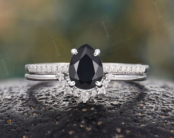 Pear shaped Black Onyx engagement ring set white gold moissanite diamond wedding rings art deco anniversary bridal set antique milgrain ring