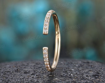 Diamond/moissanite open wedding band yellow gold vintage milgrain rings antique half eternity stacking ring anniversary matching band