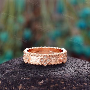 14K Gold Ehering - Glücksklee Voll Eternity Band mit Moissanit | Frauen Blumen Ehering | Vintage Perlenrand Schmuck Geschenk