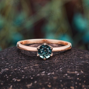 Vintage teal sapphire engagement ring rose gold blue green sapphire ring art deco diamond ring unique round  promise anniversary ring