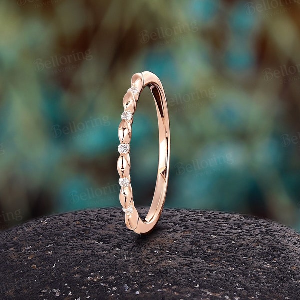 Dainty Diamond wedding band Vintage Rose Gold wedding ring Delicate stacking marquise design ring unique minimalist anniversary ring