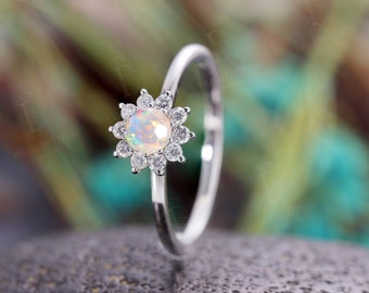 Vintage faceted opal engagement ring art deco moissanite halo rings white gold antique diamond ring flower promise anniversary wedding ring