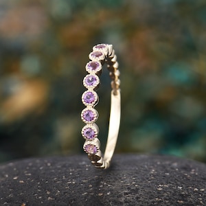 Vintage amethyst straight wedding band unique yellow gold stacking ring unique half eternity matching band anniversary promise rings