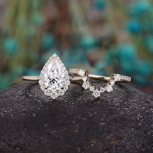 Vintage Pear Moissanite Engagement Ring Set - 14K Gold Delicate Halo Bridal Rings Set | Diamond  Stackable wedding ring Set By Belloring