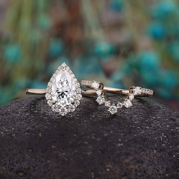Vintage Pear Moissanite Engagement Ring Set - 14K Gold Delicate Halo Bridal Rings Set | Diamond  Stackable wedding ring Set By Belloring