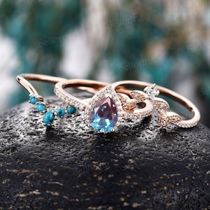 Vintage Alexandrite engagement ring set rose gold art deco diamond halo rings turquoise wedding ring half eternity anniversary bridal set