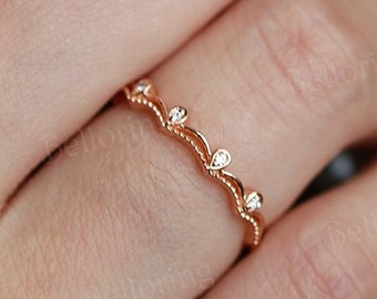 Vintage diamond wedding band rose gold pear shaped rings art deco unique half eternity stacking band promise anniversary matching ring