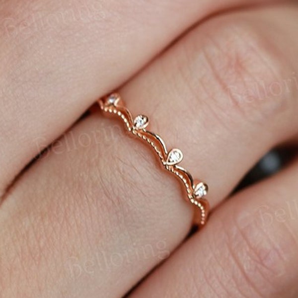 Vintage diamond wedding band rose gold pear shaped rings art deco unique half eternity stacking band promise anniversary matching ring