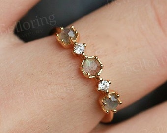 Anillo de compromiso Art Deco con labradorita, oro amarillo, apilable, estilo vintage, con forma hexagonal, a juego, para aniversario, boda recta.