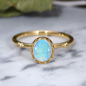 Vintage oval cut opal engagement ring yellow gold art deco wedding rings October birthstone delicate ring simple anniversary promise ring